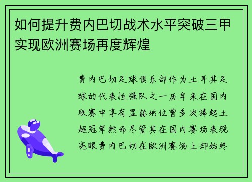 如何提升费内巴切战术水平突破三甲实现欧洲赛场再度辉煌 如何提升费内巴切战术水平突破三甲实现欧洲赛场再度辉煌